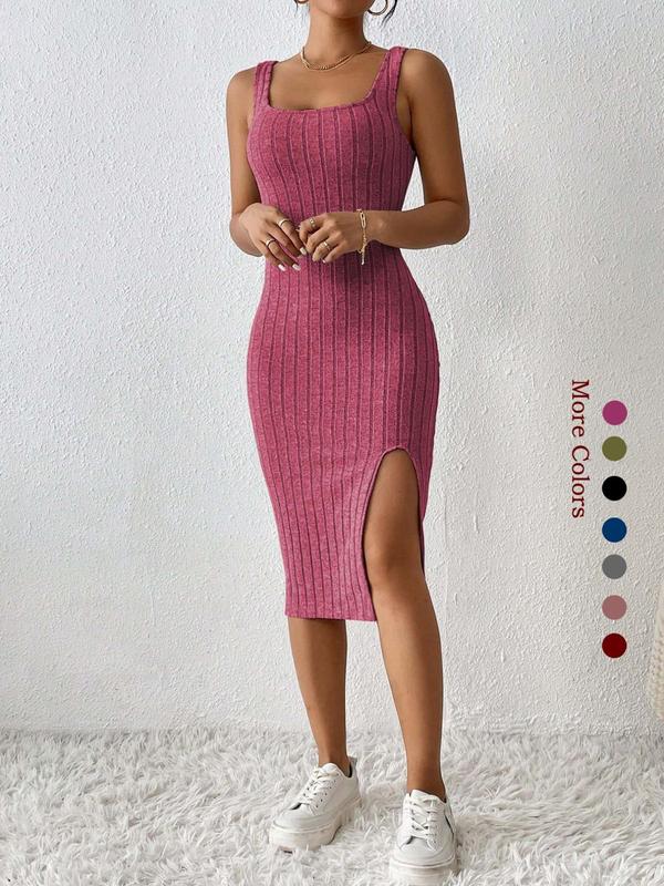 Women's Plain Split Thigh Square Neck Ribbed Bodycon Tank Dress, Casual Sleeveless Midi Dress for Summer, Women's Clothing for Daily Wear