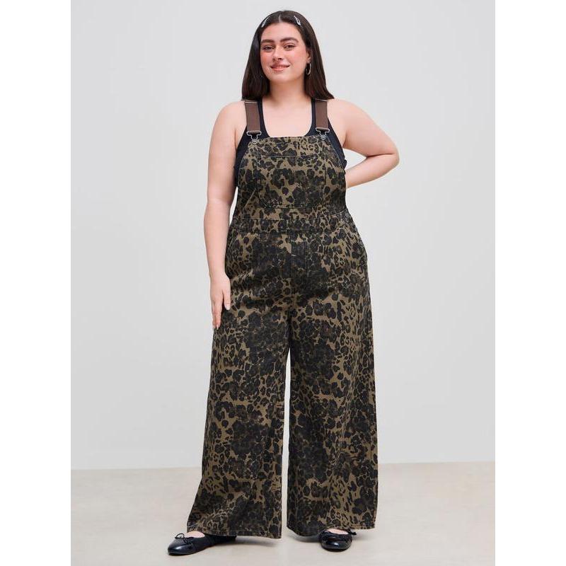 Cider [size 0-26] Denim Leopard Pocket Buckle Up Wide Leg Jumpsuit, Overalls