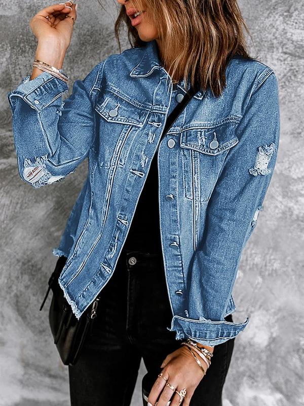 Women's Plain Button Front Raw Hem Denim Jacket, Casual Long Sleeve Collared Pocket Outerwear for Daily Wear, Ladies Tops Clothes for All Seasons