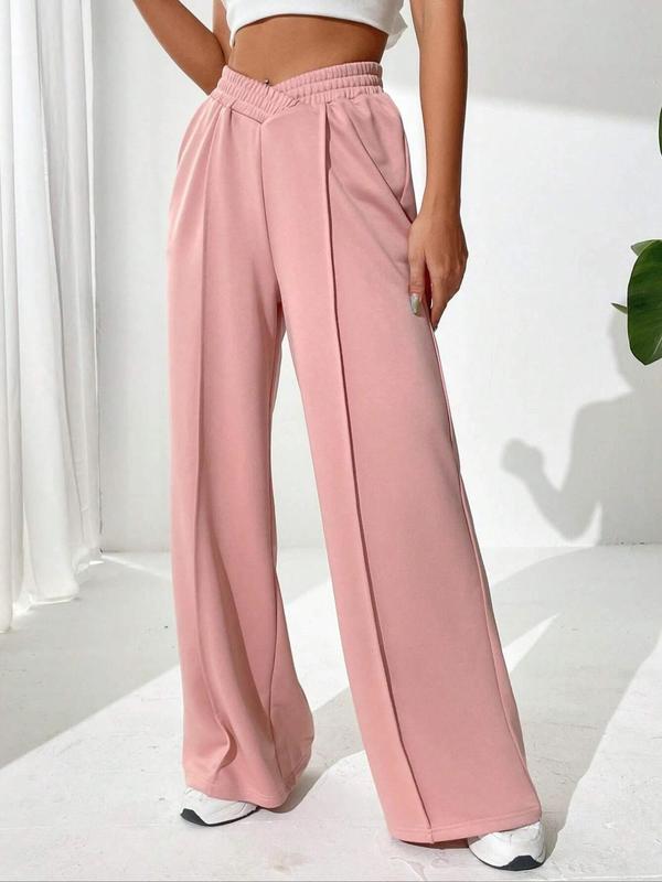  Solid Asymmetrical Wide Leg Pants, Casual Comfy Elastic Waist Trousers for Women, Women's Bottoms for Fall & Winter