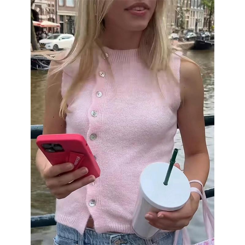 Women's Summer Knit Tank Tops Solid Color Sleeveless Round Neck Front Button Slim Sweater Vest Streetwear