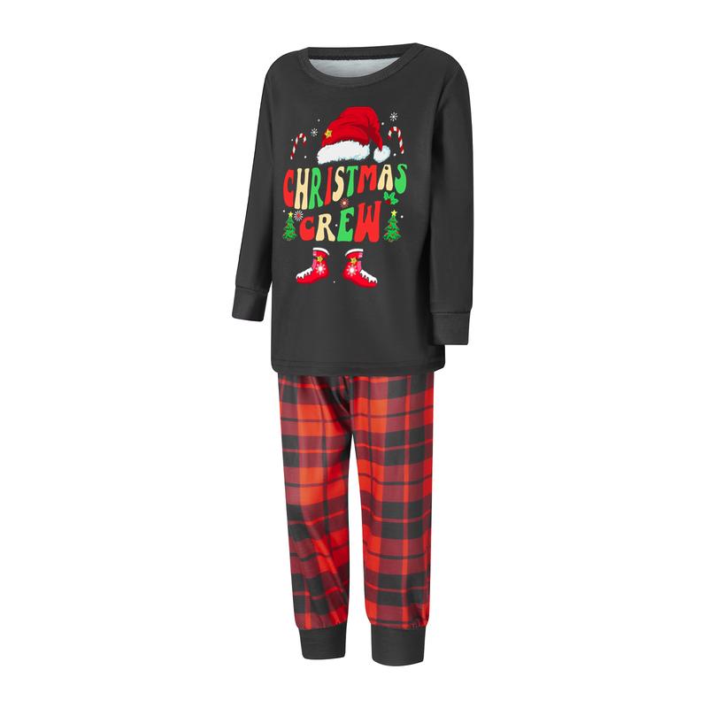 Matching Christmas Pajamas For Family Letter Santa Hat Print Long Sleeve Tops and Plaid Pants Sleepwear