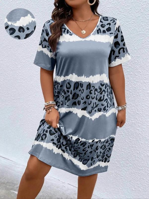 Plus Size Patchwork Leopard Print V Neck Nightdress, Casual Short Sleeve Sleep Dress for Women, Women's Sleepwear for All Seasons, Dresses for Women