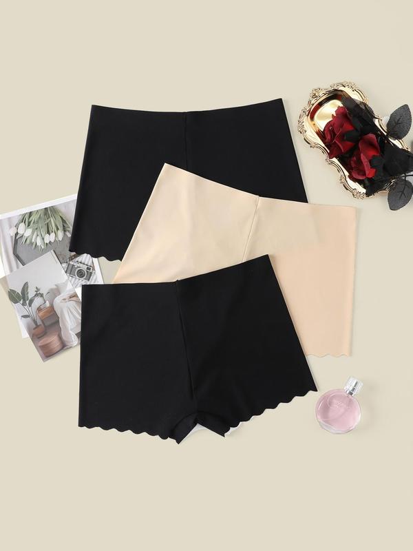 Women's 3pcs Solid Color Scallop Trim Boyshorts, Casual Basic Comfy Breathable Seamless Boxer Shorts for Daily Wear, Ladies Underwear for All Seasons