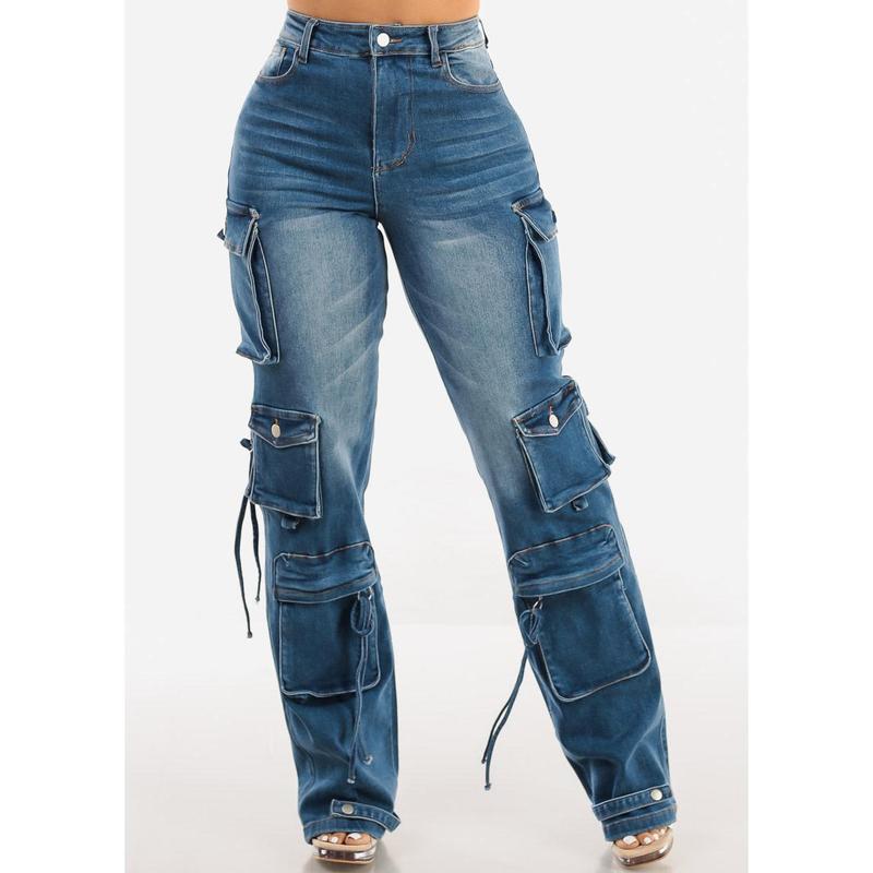 High Waisted Cargo Denim Jeans Med Wash