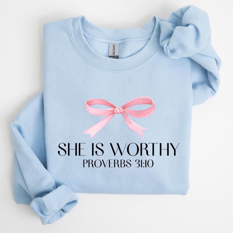 She Is Worthy, Bible Verse, Christmas, Bow, Pink, Proverbs, Soft Girl Era Sweatshirt, Women's Crew Neck, Crewneck