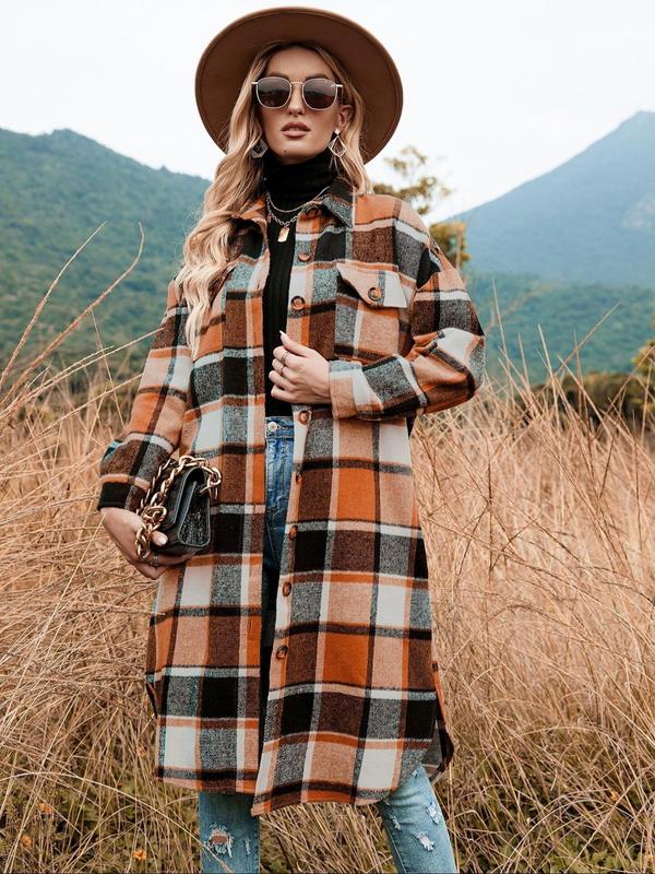 Women's Plaid Print Button Front Split Side Coat, Casual Comfy Long Sleeve Collared Outerwear for Fall & Winter, Ladies Clothes for Daily Wear