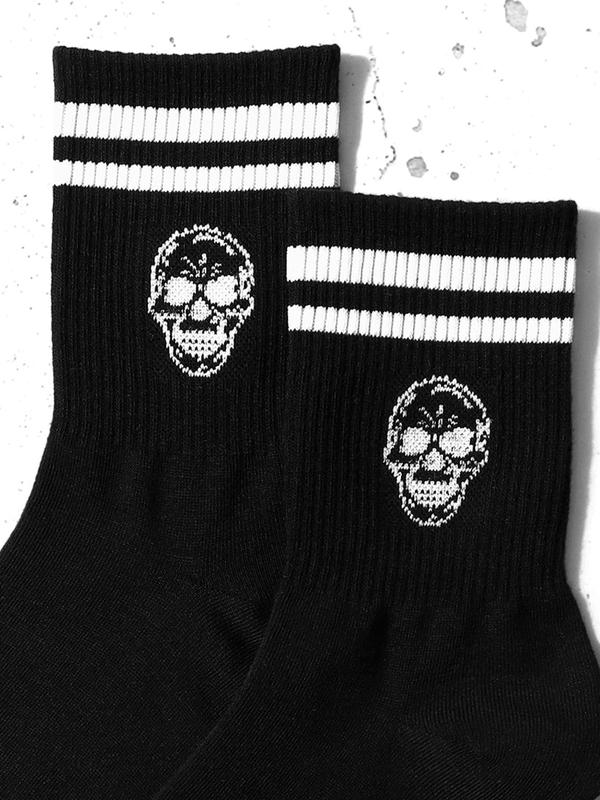 Women's 1 Pair Skull & Striped Pattern Crew Socks, Sporty Casual Mid-calf Socks, Ribbed Knit Socks for Women, Women's Socks & Hosiery