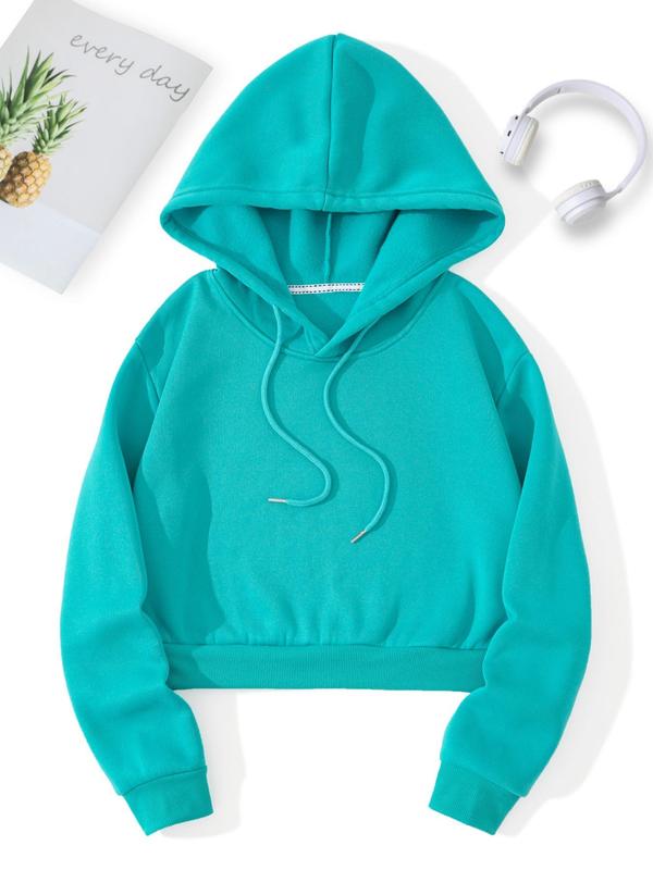 Women's Thermal Lined Plain Drawstring Drop Shoulder Fleece Hoodie, Mean Girls Outfit, Long Sleeve Short Hooded Pullover, Comfort Womenswear Tops