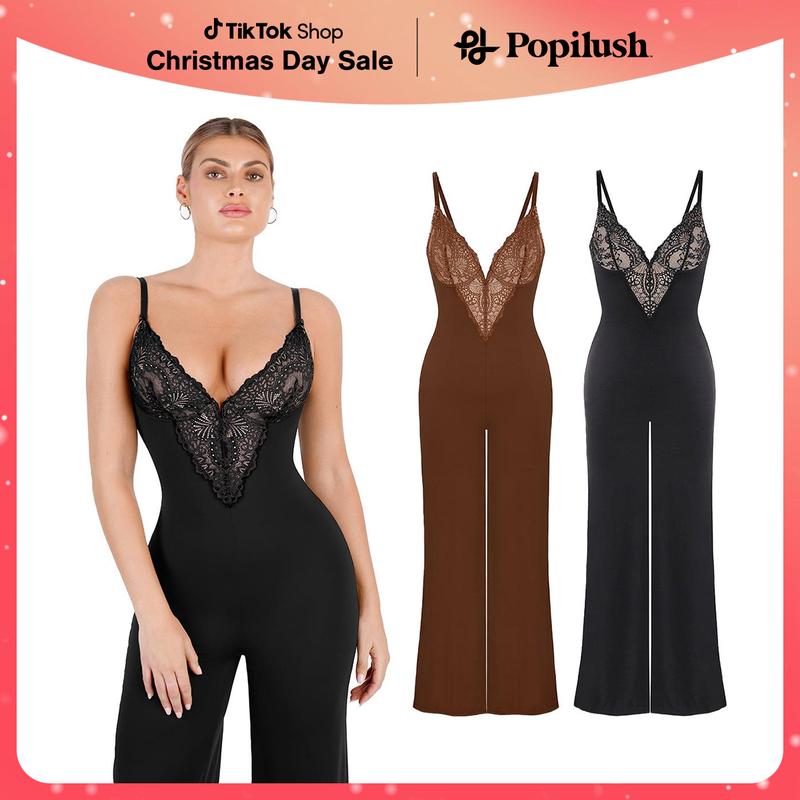 Popilush The Shapewear Jumpsuit Lace Wide-Leg Shapewear Slip Jumpsuits Basic Womenswear Comfort