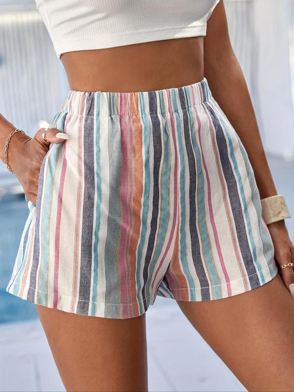 Women's Striped Print Pocket Shorts, Casual Fashion Elastic Waist Shorts for Summer, Women's Bottoms for Daily Wear