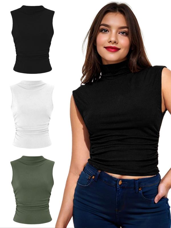 Womenswear Solid Color Mock Neck Ruched Tank Top, Comfort Basic Sleeveless Top for Daily Outdoor Wear, Minimalist Back To School Top, Summer Outfits, Y2k Clothes,  Downtown Girl Clothes