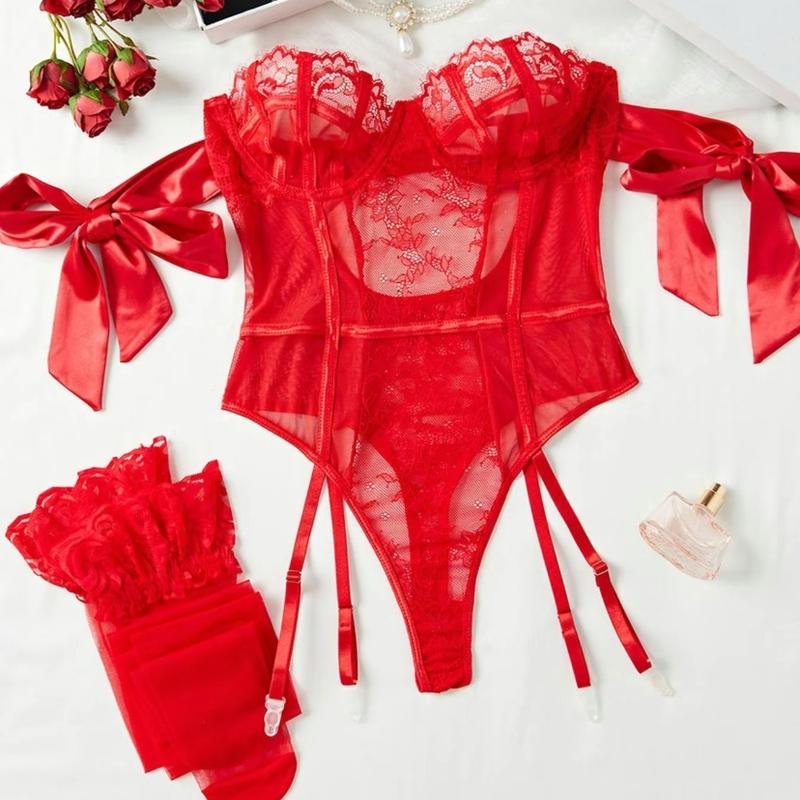 Women's Sheer Cut Out Floral Lace Sexy Lingerie Set, Knot Design Bodysuit & Ruffle Trim Stockings Set, Red Lingerie Set for Women