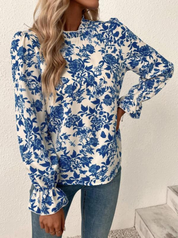 Women's Floral Print Frill Trim Flounce Sleeve Vintage Blouse, Longsleeves Womenswear, Lady Casual Mock Neck Long Sleeve Top For Spring & Fall, Comfort Women's Clothes for Daily Wear