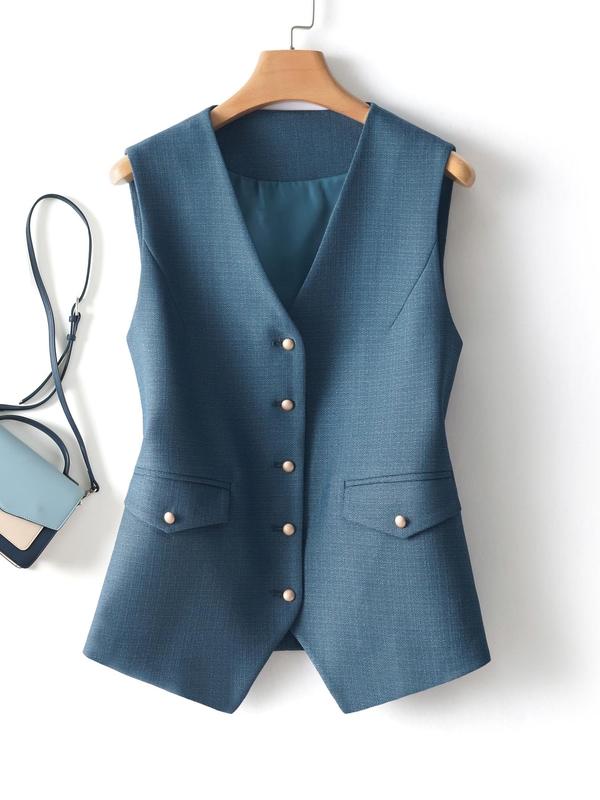 Women's Plain Button Front Flap Detail Vest Blazer, Elegant V Neck Asymmetrical Hem Sleeveless Top for Work Office Business, Vest Coats for Women, Ladies Spring & Fall Clothes, Fall Clothing