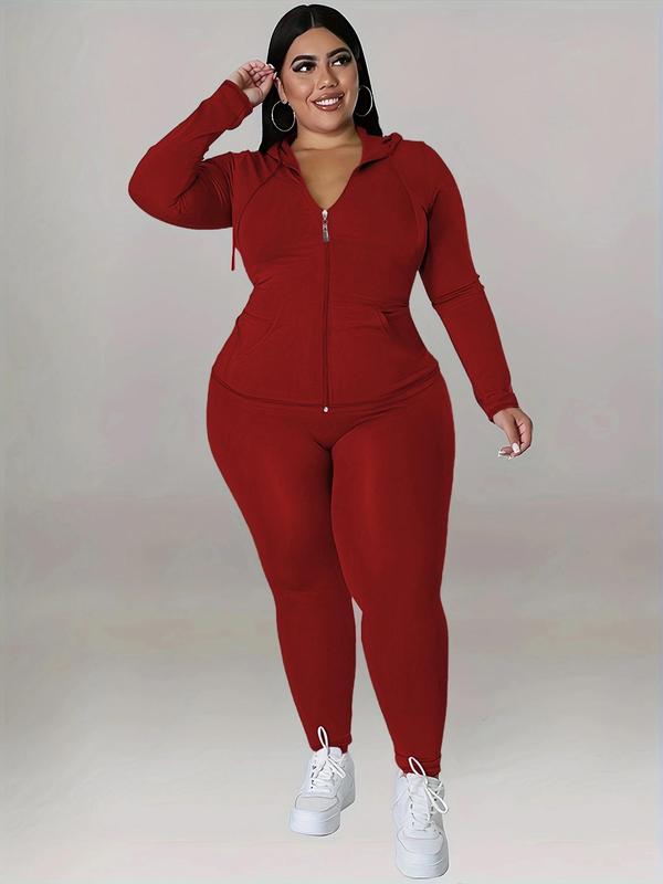 Plus Size Basic Solid Zip Up Hooded Top & Skinny Pants Set, Longsleeves Hooded Outerwear & Trousers for Women, Outfits for Spring & Fall, Minimalist Matching Sets for Lady