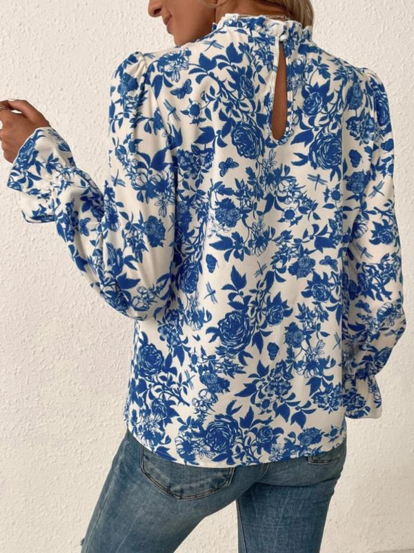 Women's Floral Print Frill Trim Flounce Sleeve Vintage Blouse, Longsleeves Womenswear, Lady Casual Mock Neck Long Sleeve Top For Spring & Fall, Comfort Women's Clothes for Daily Wear