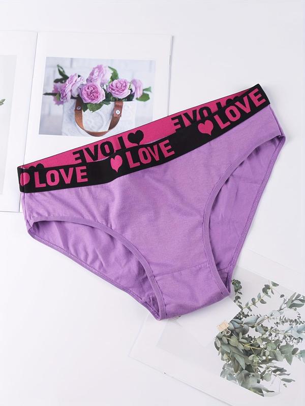  Letter & Heart Tape Waist Briefs, Soft Comfy Breathable High Waist Knicker for Daily Wear, Women's Underwear for All Seasons