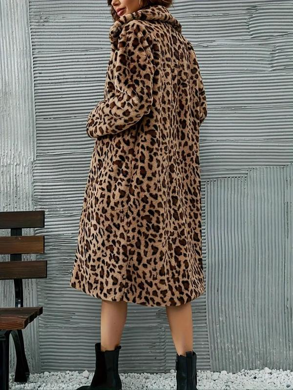 Women's Leopard Print Pocket Long Sleeve Fuzzy Coat, Casual Open Front Collared Outerwear for Fall & Winter, Women's Clothing for Daily Wear