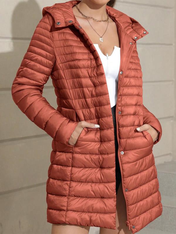  Solid Button Front Pocket Quilted Hooded Jacket, Casual Long Sleeve Zip Up Outerwear for Fall & Winter, Winter Clothes Women for Daily Wear