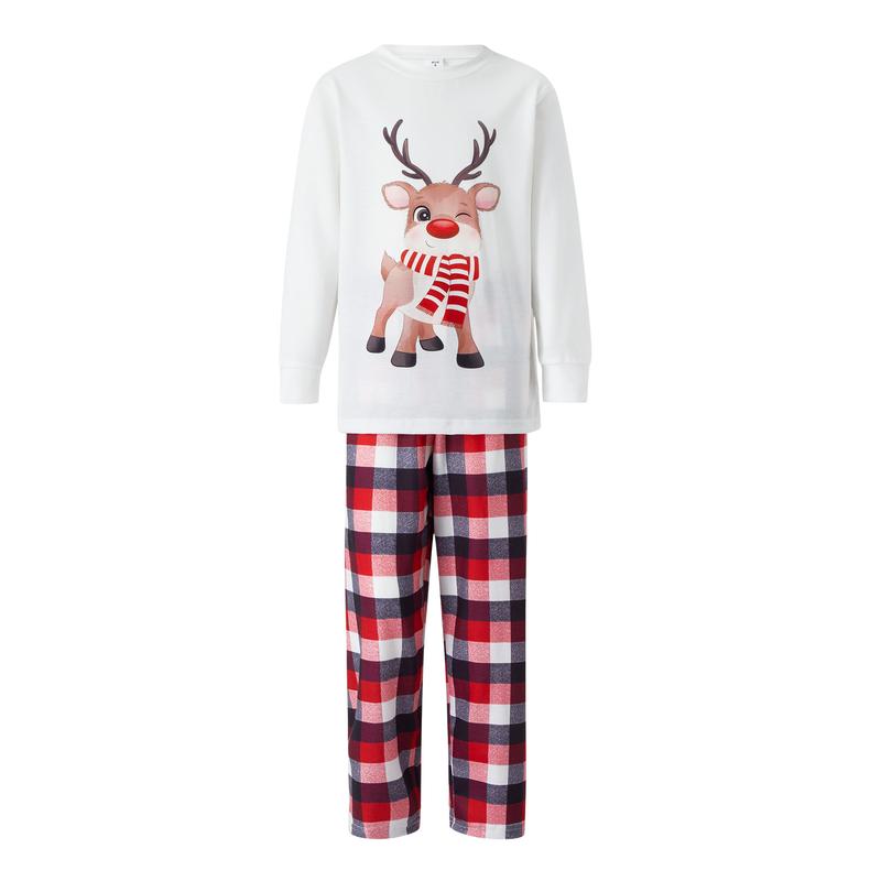 Family Matching Christmas Pajamas Outfits, Long Sleeve Elk Printed Tops + Elastic Plaid Pants Romper Sets