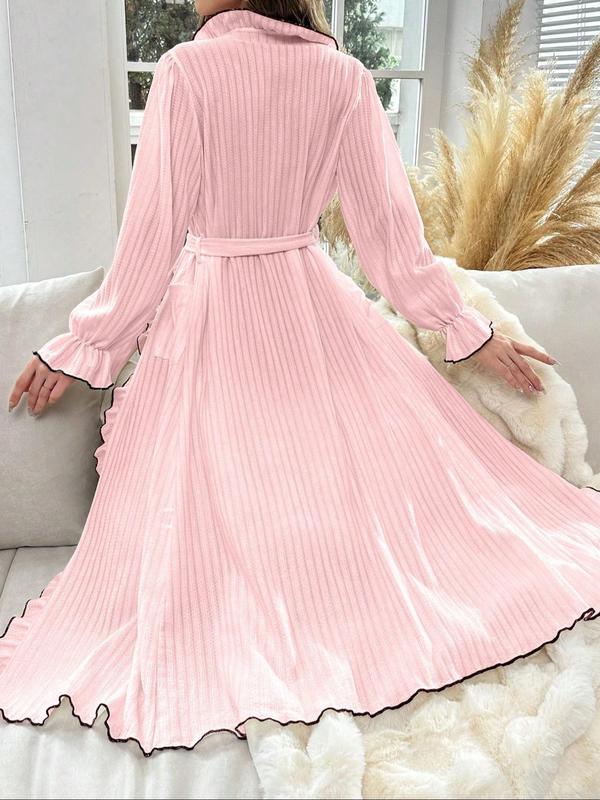 Women's Contrast Binding Belted Ruffle Trim Lounge Robe, Elegant Contrast Binding Flounce Sleeve Ribbed Dressing Gown, Ladies Sleepwear for Fall & Winter