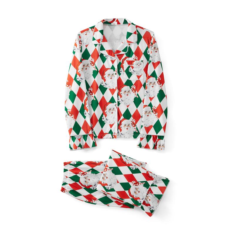 New Family Matching Christmas Pajama Set, Diamond Grid Santa Long Sleeve Tops Elastic Waist Pants