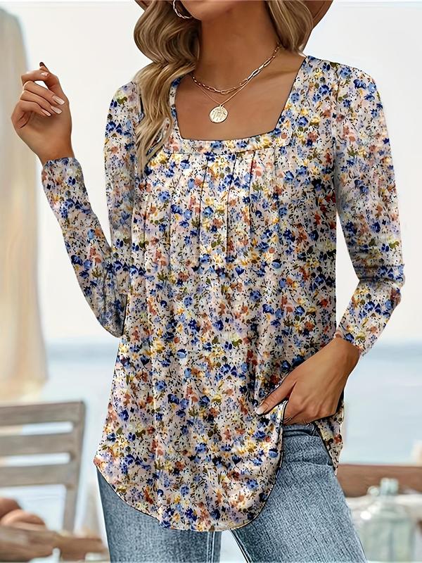  All Over Print Plicated Square Neck Tee, Casual Long Sleeve T-shirt for Spring & Fall, Women's Clothing for Daily Wear