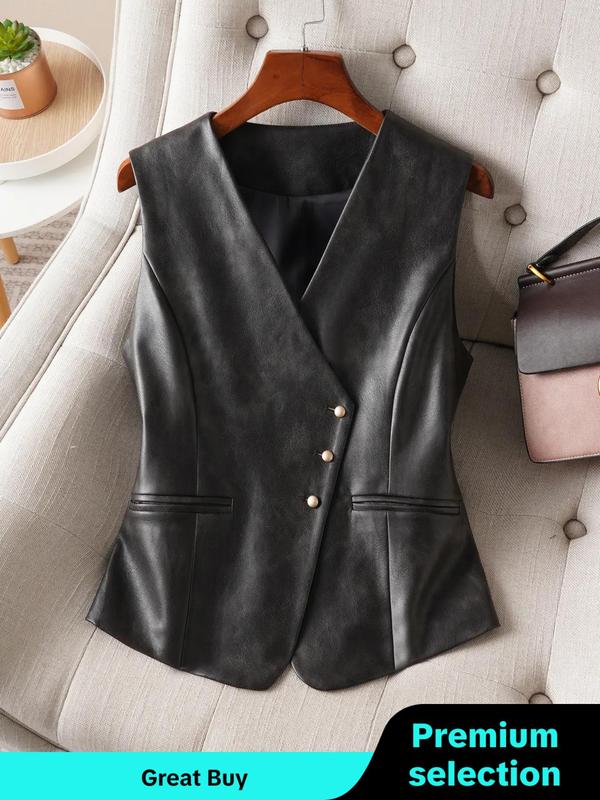 Women's Solid Button Front V Neck Waistcoat, Fashion Casual Sleeveless Outerwear for Daily Outdoor Wear, Ladies Clothes for Spring & Fall  Preppy 80s Clothes