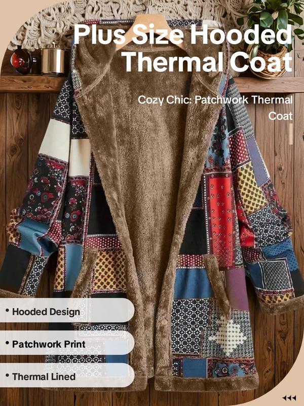  Patchwork Print Pocket Thermal Lined Hooded Coat, Casual Jackets, Long Sleeve Open Front Outerwear for Fall & Winter, Women's Clothes for Daily Wear