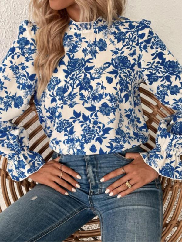 Women's Floral Print Frill Trim Flounce Sleeve Vintage Blouse, Longsleeves Womenswear, Lady Casual Mock Neck Long Sleeve Top For Spring & Fall, Comfort Women's Clothes for Daily Wear