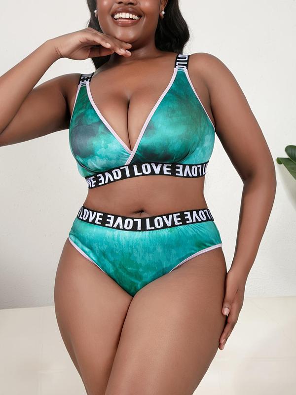 Women's Plus Size Two-Piece Set Tie Dye Print Contrast Letter Tape V Neck Push Up Bra & Panty Set, Comfort Cozy Casual Two-piece Lingerie Set for All Seasons, Women's Comfortable Soft Casual Two-piece Suit, Ladies Plus Size Underwear