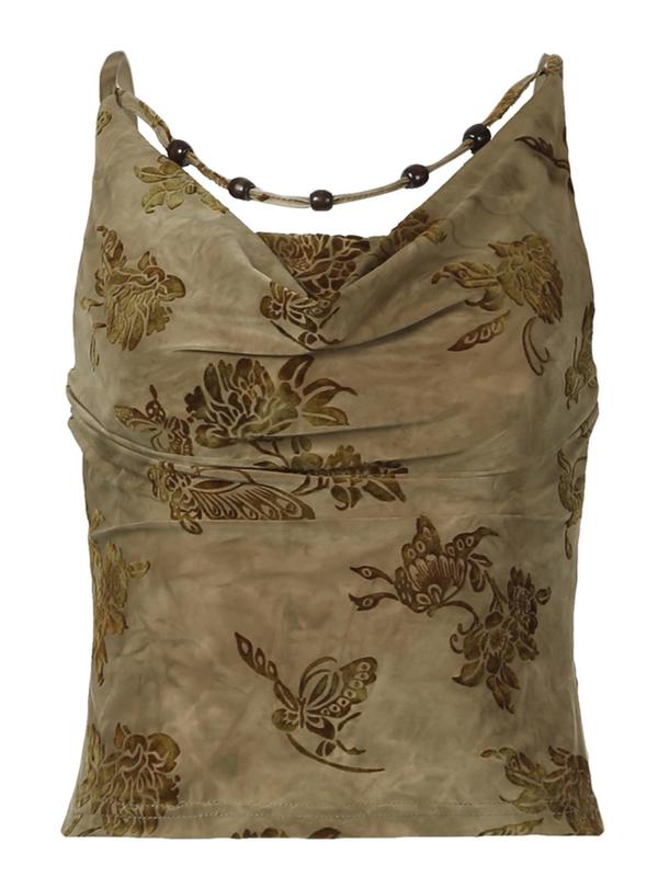 Women's Floral & Butterfly Print Beaded Decor Cowl Neck Velvet Cami Top, Y2K Casual Sleeveless Top for Spring & Fall, Women's Clothes for Daily Wear