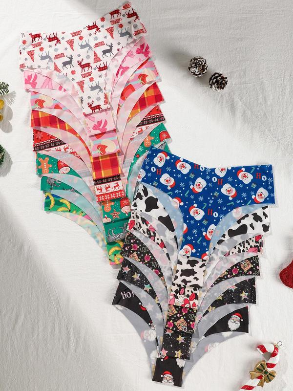 Women's All Over Print Christmas Themed Panty, Casual Comfy Breathable Seamless Knicker for Daily Wear, Ladies Underwear for All Seasons