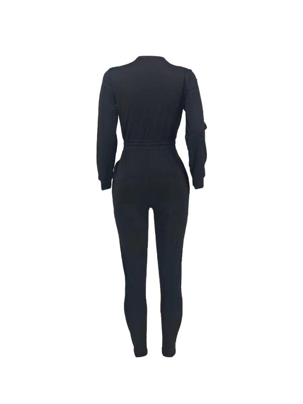 Women's Plain Drawstring Waist V Neck Slim Jumpsuit, Casual Long Sleeve Wrap Jumpsuit for Spring & Fall, Women's Clothes for Daily Wear