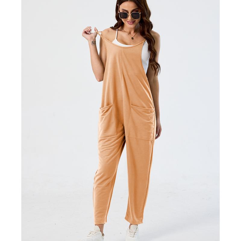 Hixiaohe Women's Casual V Neck Sleeveless Jumpsuits Baggy Straps Harem Long Pants Overalls With Pockets