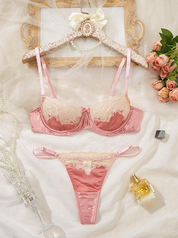 Women's Contrast Lace Scallop Trim Satin Sexy Lingerie Set, Chic Elegant Bow Snowflake Pendant Decor Bra & Thong Set, Soft Comfy Breathable Underwear Set for Women