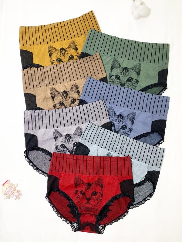 Women's Cat Print Contrast Lace Panty, Breathable Comfortable Knicker for Daily Wear, Ladies Underwear for All Seasons