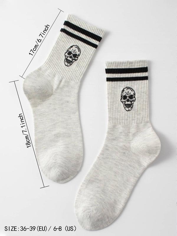 Women's 1 Pair Skull & Striped Pattern Crew Socks, Sporty Casual Mid-calf Socks, Ribbed Knit Socks for Women, Women's Socks & Hosiery