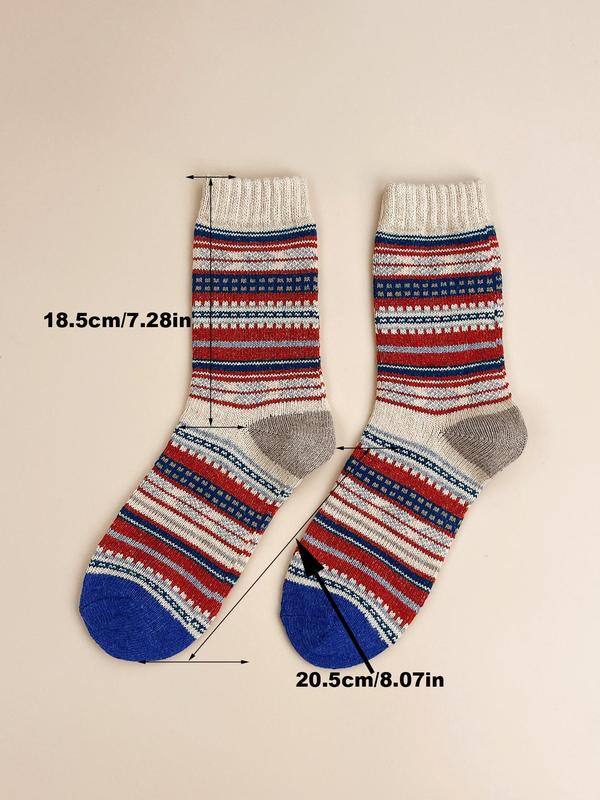 Women's 5 Pairs Bohemian Ethnic Pattern Crew Socks, Retro Style Multicolor Stripe Print Comfortable Soft Warm Lady Mid-calf Socks, Women's Boho Striped Print Socks For Fall & Winter, Womenswear