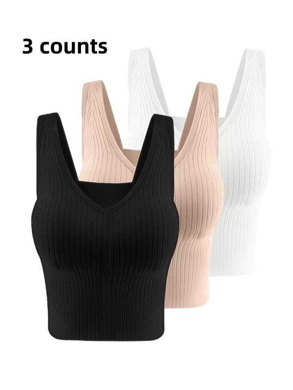 Women's Solid Backless Bra with Removable Chest Pad, Casual Rib Wireless Lingerie for Daily Wear, Summer Wear 2024, Softness Lingerie for All Seasons