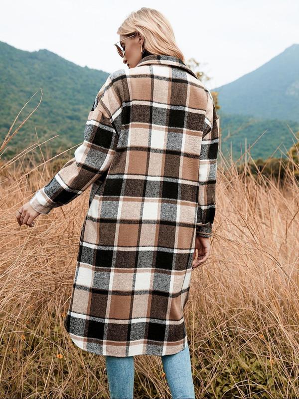 Women's Plaid Print Button Front Split Side Coat, Casual Comfy Long Sleeve Collared Outerwear for Fall & Winter, Ladies Clothes for Daily Wear