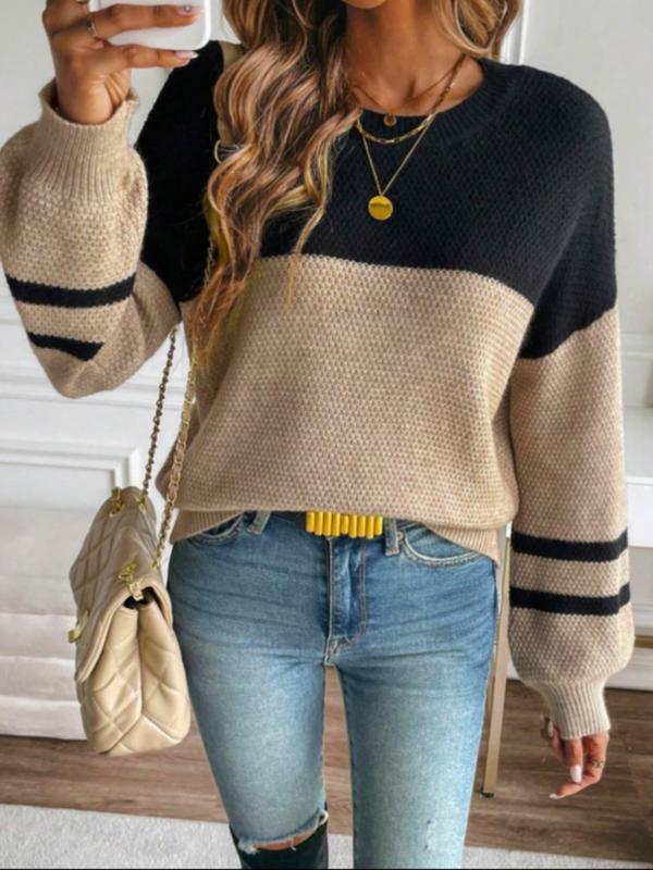 Women's Patchwork Lantern Sleeve Sweater, Casual Long Sleeve Round Neck Jumper for Fall & Winter, Fall Outfits, Fashion Women's Knitwear for Daily Wear, Sweaters for Women, Fall Sweaters, Fall Outfits, Fallfreshness