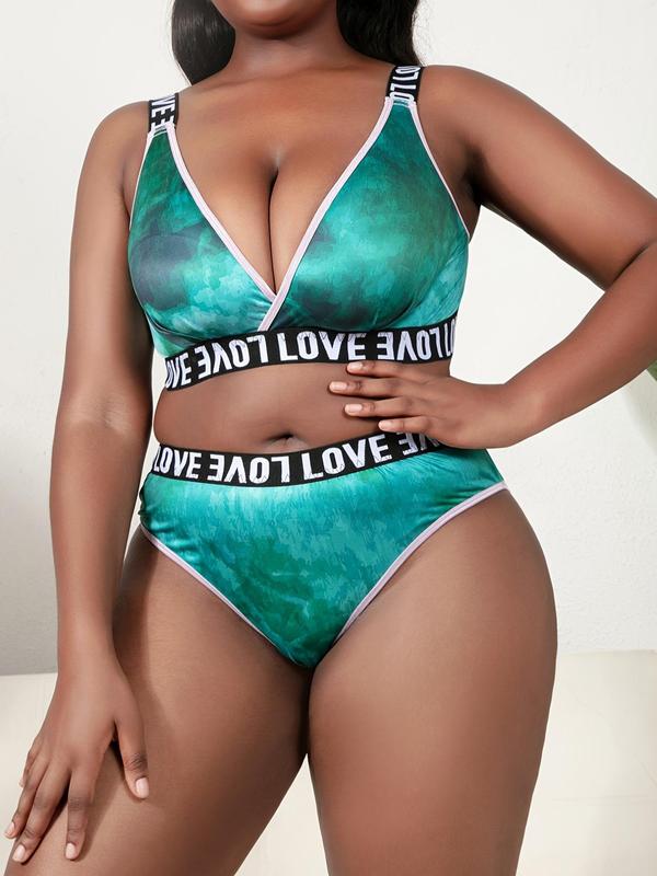 Women's Plus Size Two-Piece Set Tie Dye Print Contrast Letter Tape V Neck Push Up Bra & Panty Set, Comfort Cozy Casual Two-piece Lingerie Set for All Seasons, Women's Comfortable Soft Casual Two-piece Suit, Ladies Plus Size Underwear