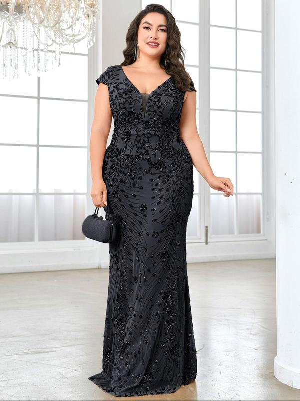 Plus Size Floral Sequins Backless Evening Dress, Elegant Deep V Neck Cap Sleeve Maxi Dress, Women's Formal Summer Clothes for Party Banquet