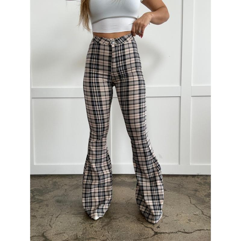 Gretchen High Waisted Plaid Flare Jeans