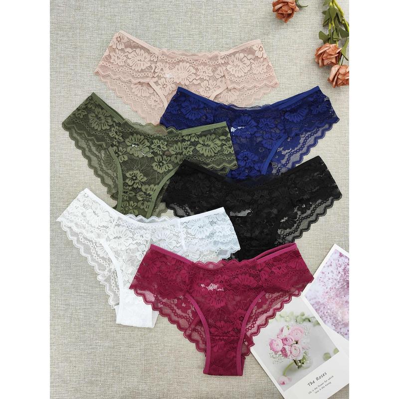 6pcs Floral Lace Briefs, Comfy & Breathable Scallop Trim Panties, Women's Lingerie & Underwear