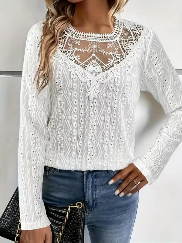 Women's Plain Eyelet Embroidery Sheer Lace Tee, T Shirts for Women, Casual Long Sleeve Keyhole Neckline Top for Spring & Fall, Women's Clothing for Daily Wear, Downtown Girl Clothes