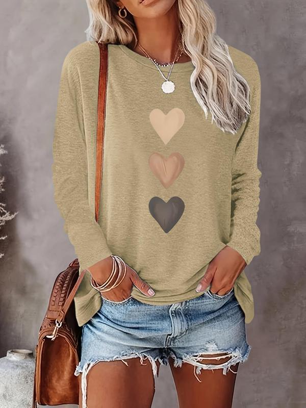 Women's Heart Print Round Neck T-shirt, Casual Long Sleeve Crew Neck T-shirt for Spring & Fall, Fashion Women's Top for Daily Wear