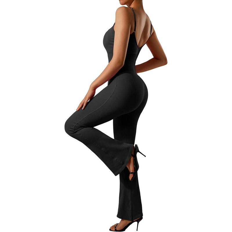 Women Ribbed Flare One Piece Jumpsuits Seamless Padded Sexy Jumpsuit